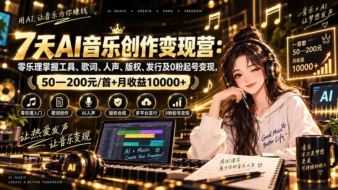 AI音乐创作变现营:零乐理掌握工具、歌词、人声、版权、发行及0粉起号变现,50—200元/首+月收益10000+-寒山客