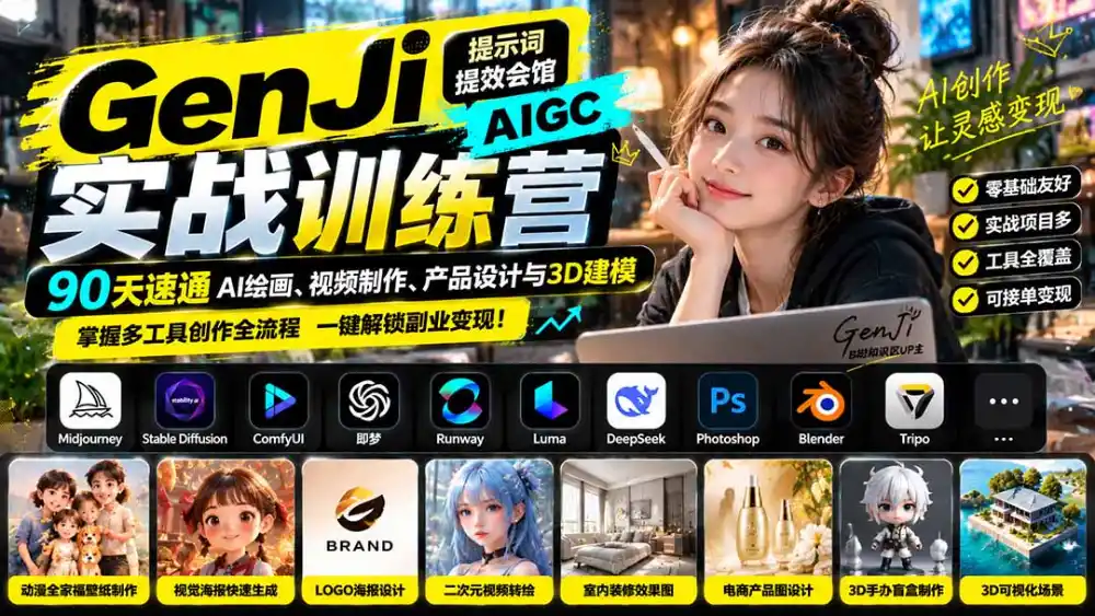 GenJi AIGC实战训练营：90天速通AI绘画、视频制作、产品设计与3D建模，掌握多工具创作全流程-小创项目网