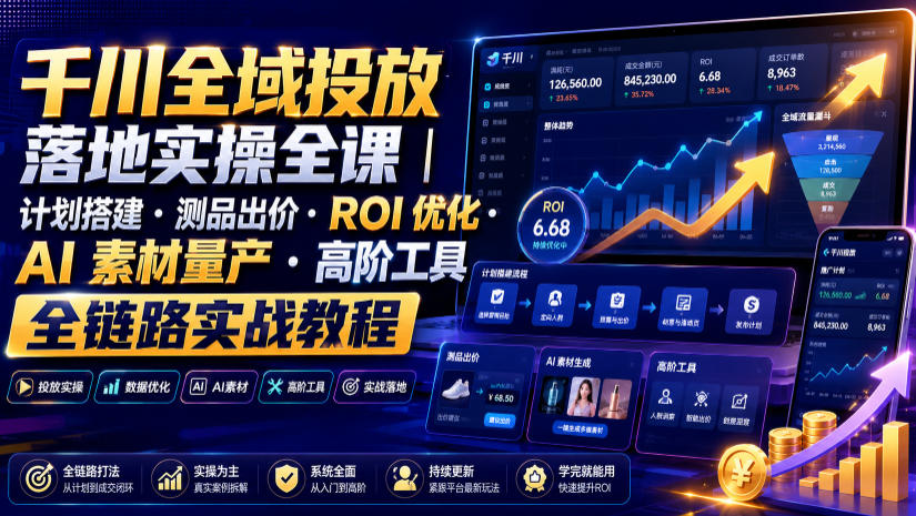 千川全域投放落地实操全课｜计划搭建・测品出价・ROI优化・AI素材量产・高阶工具全链路实战教程-小创项目网