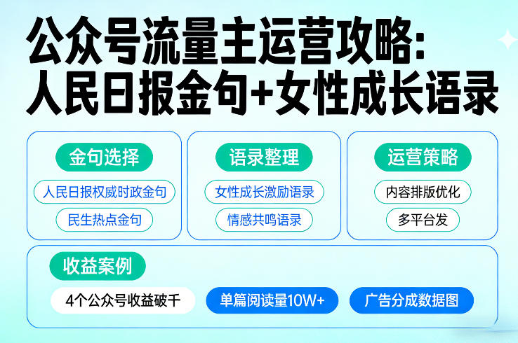 利用人民日报金句+女性成长语录做公众号流量主，4个公众号收益破千-小创项目网