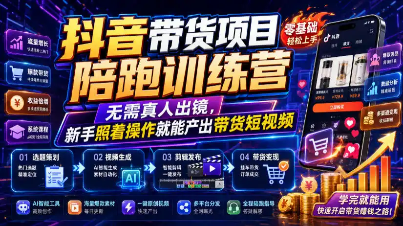 抖音带货项目陪跑训练营，无需真人出镜，新手照着操作就能产出带货短视频(更新0811)-小创项目网