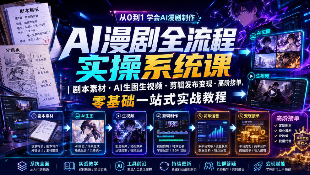 AI漫剧全流程实操系统课｜剧本素材・AI生图生视频・剪辑发布变现・高阶接单，零基础一站式实战教程-小创项目网