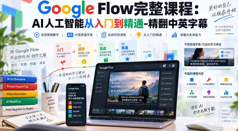 【无水印】Google Flow完整课程：AI人工智能从入门到精通-精翻中英字幕-寒山客