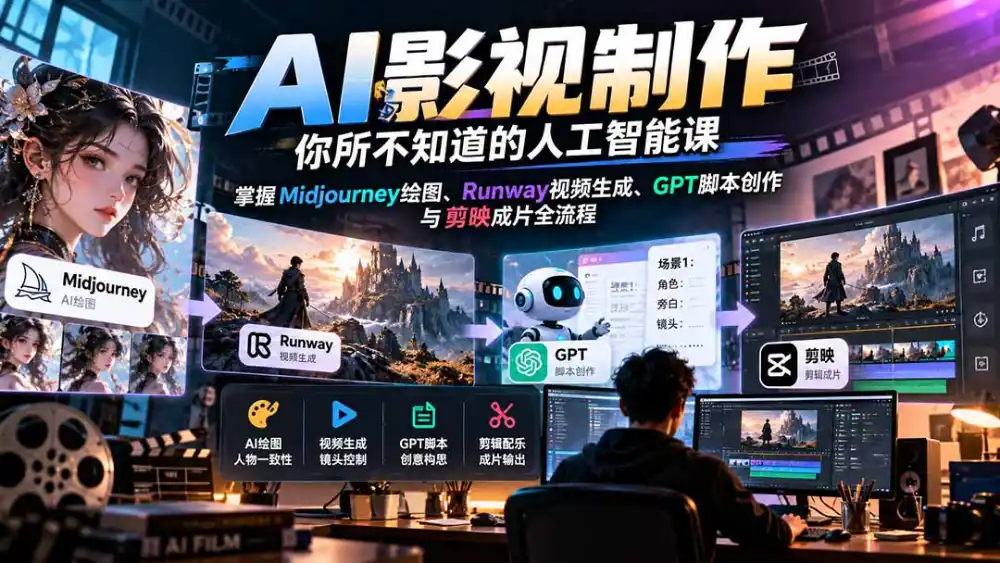 【无水印】AI影视制作-你所不知道的人工智能课，掌握Midjourney绘图、Runway视频生成、GPT脚本创作与剪映成片全流程-寒山客