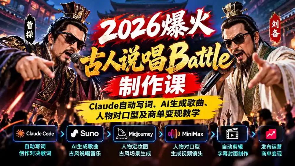 2026爆火古人说唱Battle制作课：Claude自动写词、AI生成歌曲、人物对口型及商单变现教学-小创项目网