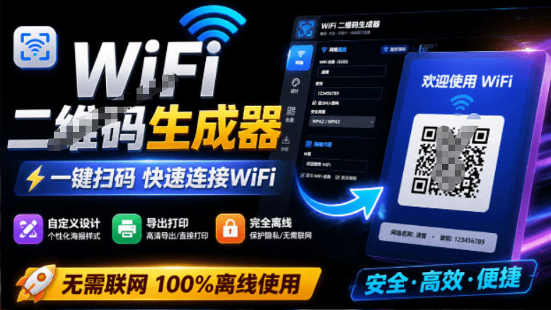 完全离线使用！WiFi二维码生成器，一键扫码快速连接WiFi，支持自定义风格导出WiFi二维码生成器-寒山客