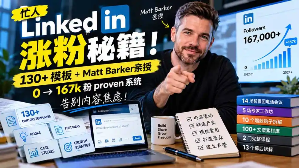 【无水印】忙人LinkedI 涨粉秘籍！130+模板+Matt Barker亲授：0→167k粉proven系统，告别内容焦虑【原创双语字幕】-小创项目网