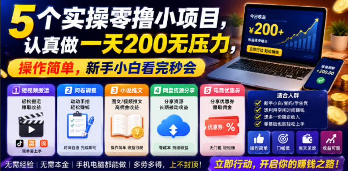 5个实操零撸小项目，认真做一天200无压力，操作简单，新手小白看完秒会【揭秘】-寒山客