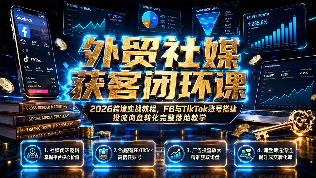 外贸社媒获客闭环课｜2026跨境实战教程，FB与TikTok账号搭建投流询盘转化完整落地教学-寒山客
