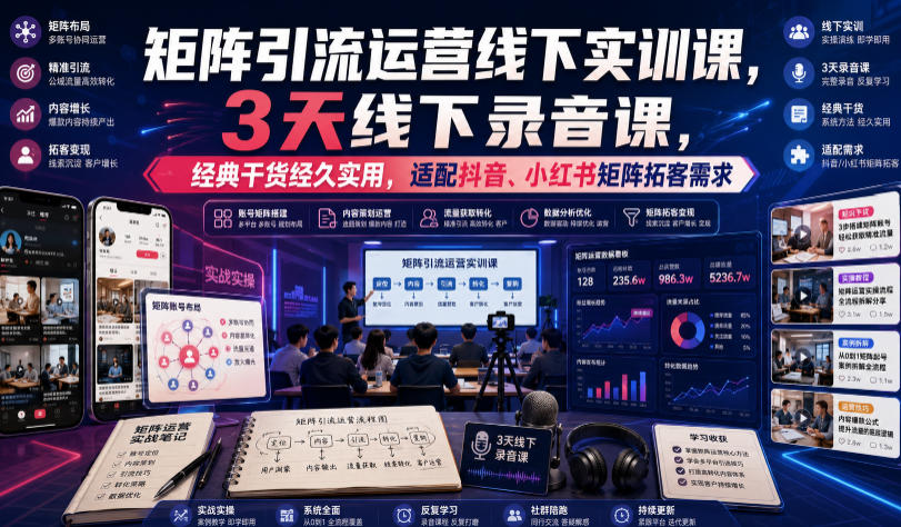 嗨推矩阵引流运营线下实训课,3天线下录音课,经典干货经久实用,适配抖音、小红书矩阵拓客需求-寒山客