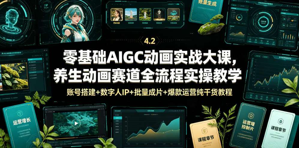 零基础AIGC动画实战大课，养生动画赛道全流程实操教学，账号搭建+数字人IP+批量成片+爆款运营纯干货教程-寒山客
