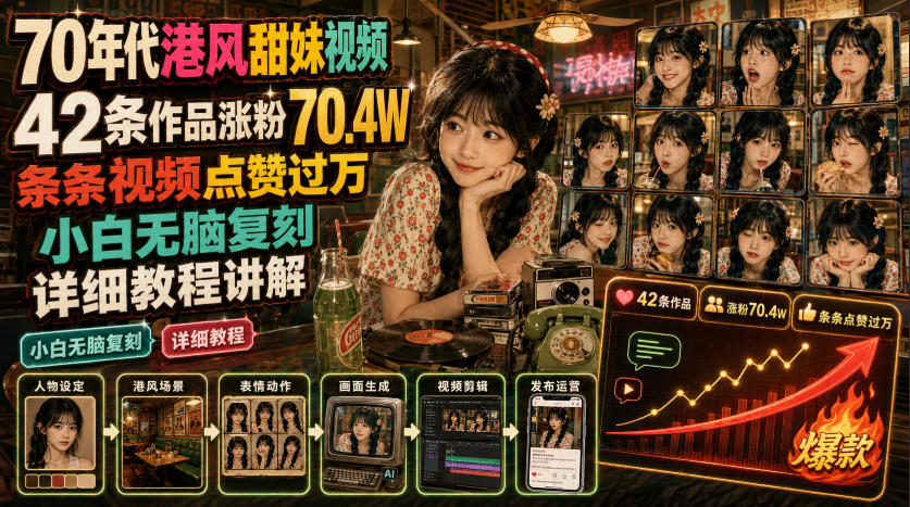 70年代港风甜妹视频，42条作品涨粉70.4W，条条视频点赞过万，小白无脑复刻，详细教程讲解-小创项目网