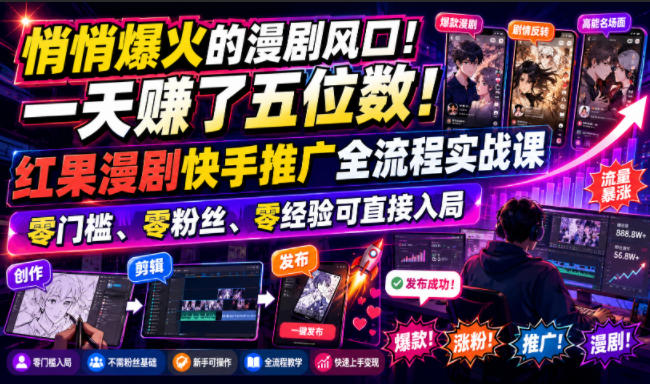 悄悄爆火的漫剧风口!一天賺了五位数!红果漫剧快手推广全流程实战课,零门槛、零粉丝、零经验可直接入局-寒山客