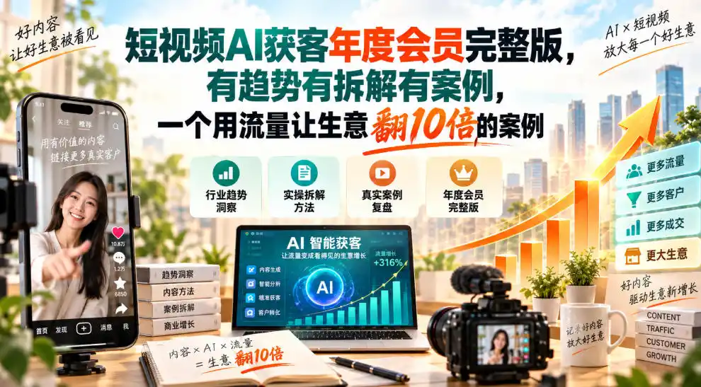 短视频AI获客年度会员完整版，有趋势有拆解有案例，一个用流量让生意翻10倍的案例-寒山客