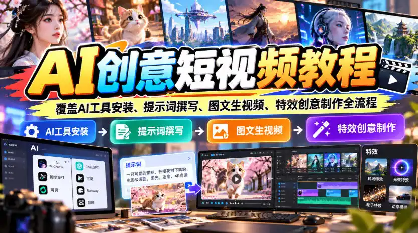 AI创意短视频教程，覆盖AI工具安装、提示词撰写、图文生视频、特效创意制作全流程-小创项目网