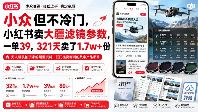 小众但不冷门，小红书卖大疆滤镜参数，一单39，321天卖了1.7w+份-小创项目网