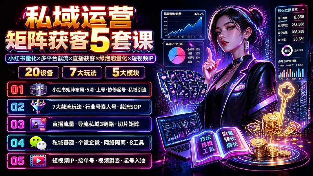 私域运营矩阵获客5套课：小红书量化×多平台截流×直播获客×绿泡泡量化×短视频IP×20设备×7大玩法-寒山客