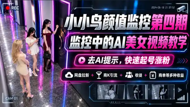 小小鸟颜值监控第四期，监控中的AI美女视频教学，去AI提示，快速起号涨粉，网盘拉新+商K引流+收徒+商单等多种收益-小创项目网