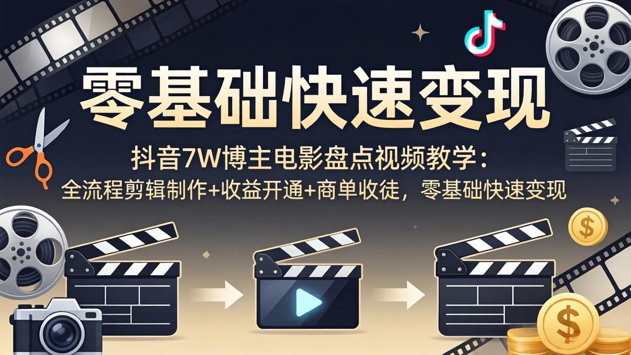 抖音7W博主电影盘点视频教学：全流程剪辑制作+收益开通+商单收徒，零基础快速变现-小创项目网