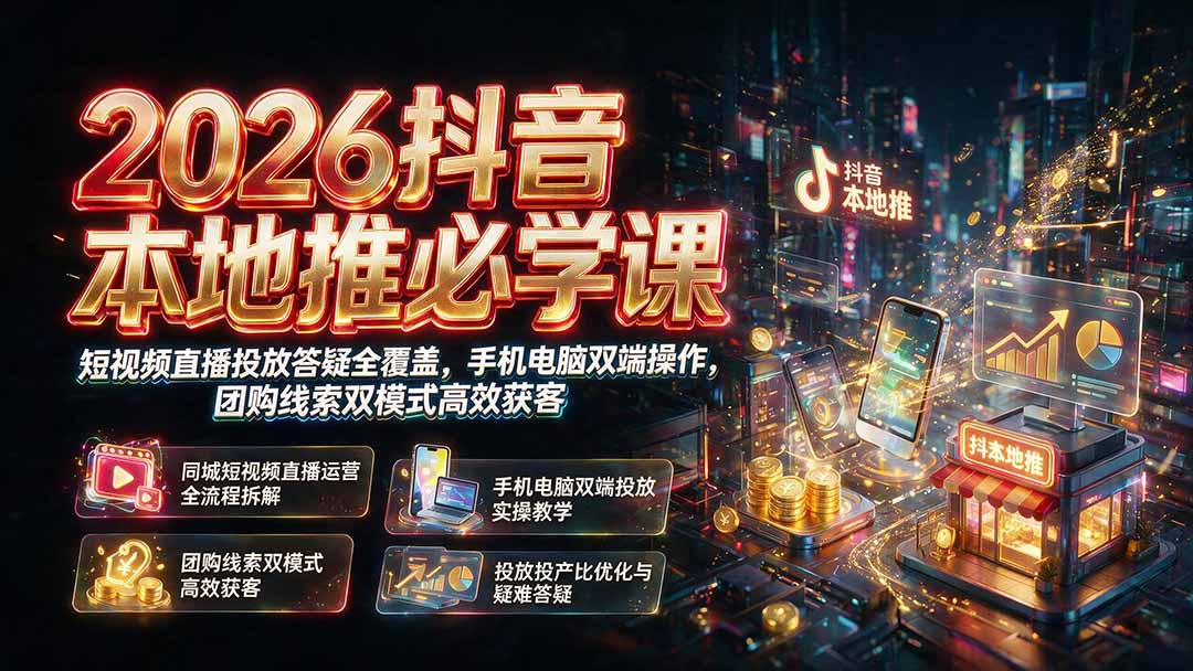 2026抖音本地推必学课｜短视频直播投放答疑全覆盖，手机电脑双端操作，团购线索双模式高效获客-寒山客
