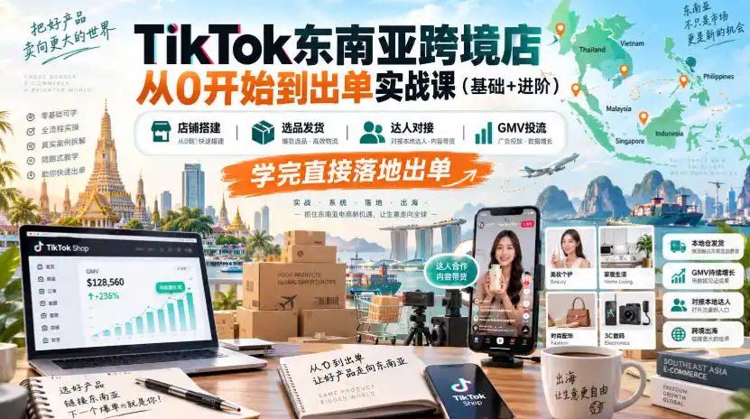 TikTok东南亚跨境店从0开始到出单实战课(基础+进阶)，店铺搭建、选品发货、达人对接、GMV投流，学完直接落地出单-寒山客