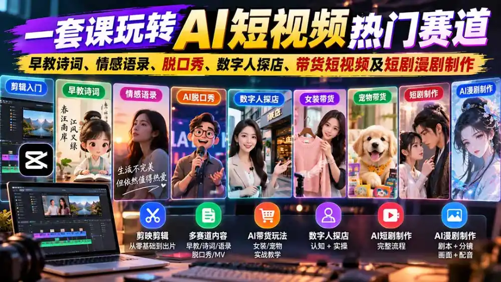 一套课玩转AI短视频热门赛道：早教诗词、情感语录、脱口秀、数字人探店、带货短视频及短剧漫剧制作 复制标题-小创项目网