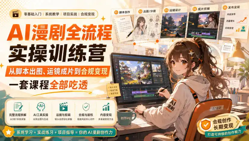 AI漫剧全流程实操训练营，从脚本出图、运镜成片到合规变现，一套课程全部吃透-小创项目网