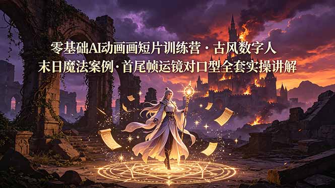 零基础AI动画短片训练营，古风数字人末日魔法案例，首尾帧运镜对口型全套实操讲解-寒山客