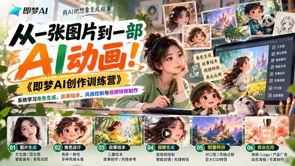 【无水印】从一张图片到一部AI动画！《即梦AI创作训练营》系统学习角色生成、故事绘本、风格控制与视频特效制作-小创项目网