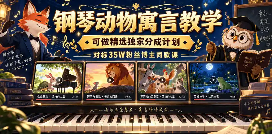 钢琴动物寓言教学，可做精选独家分成计划，对标35W粉丝博主同款课-寒山客