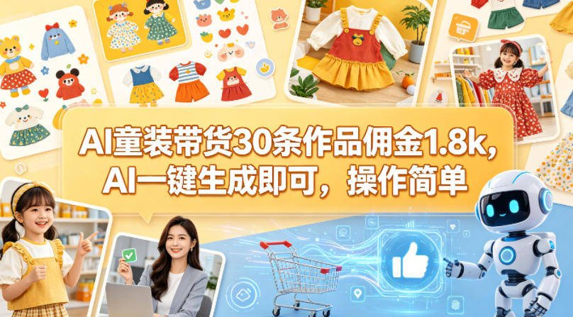 AI童装带货30条作品佣金1.8k，AI一键生成即可，操作简单-小创项目网