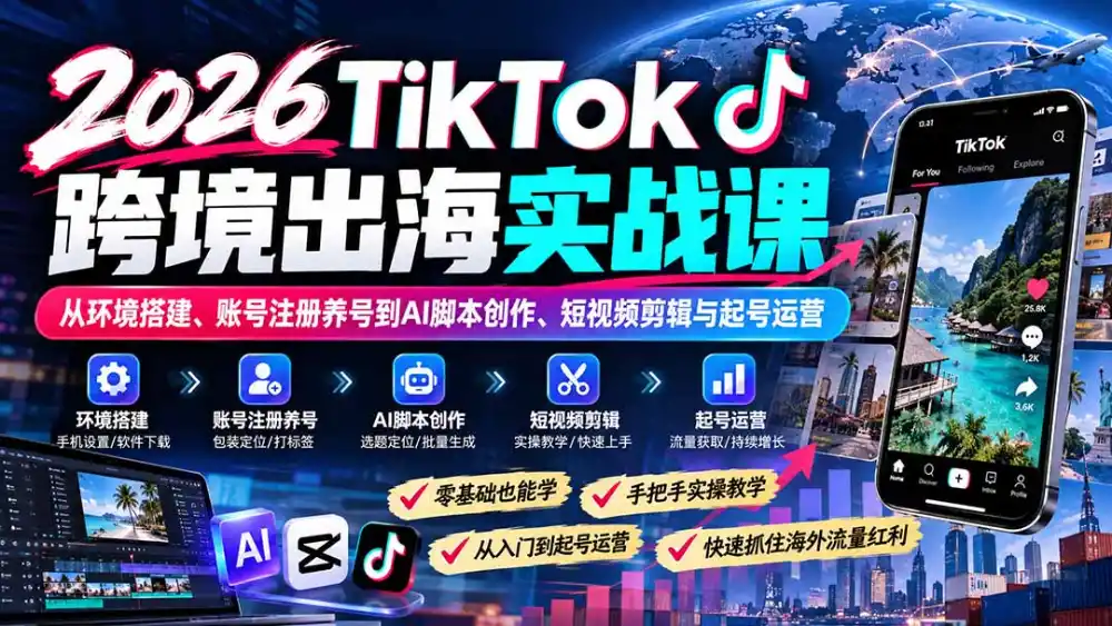 2026TikTok跨境出海实战课：从环境搭建、账号注册养号到AI脚本创作、短视频剪辑与起号运营-小创项目网