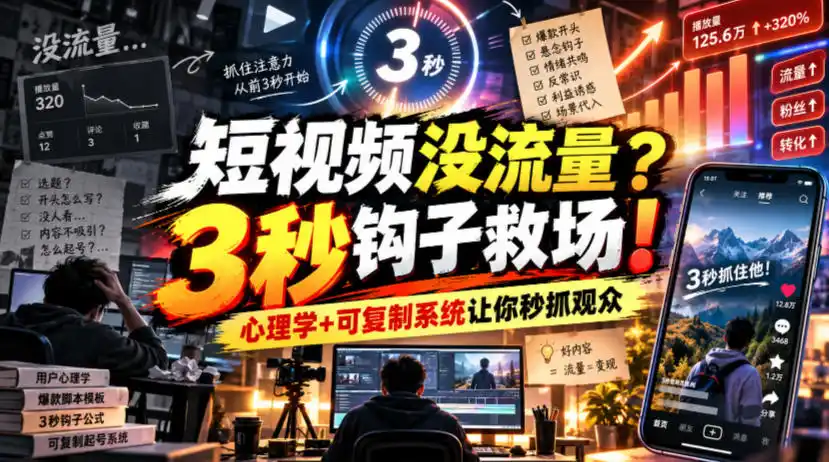 【无水印】短视频没流量？3秒钩子救场！心理学+可复制系统让你秒抓观众【原创双语字幕】-小创项目网