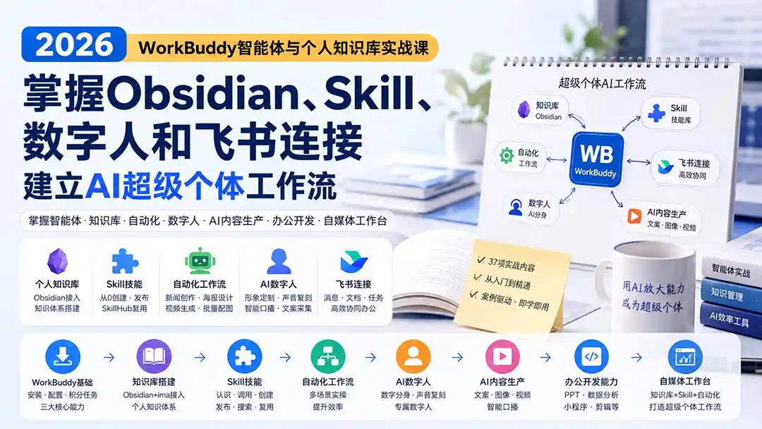 2026 WorkBuddy智能体与个人知识库实战课：掌握Obsidian、Skill、数字人和飞书连接，建立AI超级个体工作流-小创项目网