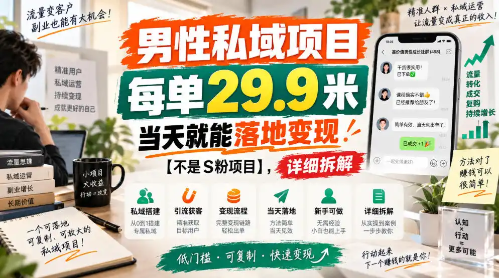男性私域项目，每单29.9米，当天就能落地变现【不是S粉项目】，详细拆解-寒山客