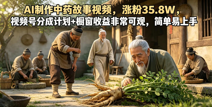 AI制作中药故事视频，涨粉35.8W，视频号分成计划+橱窗收益非常可观，简单易上手-小创项目网
