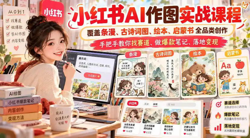 小红书AI作图实战课程，覆盖条漫、古诗词图、绘本、启蒙书全品类创作，手把手教你找赛道、做爆款笔记、落地变现-寒山客
