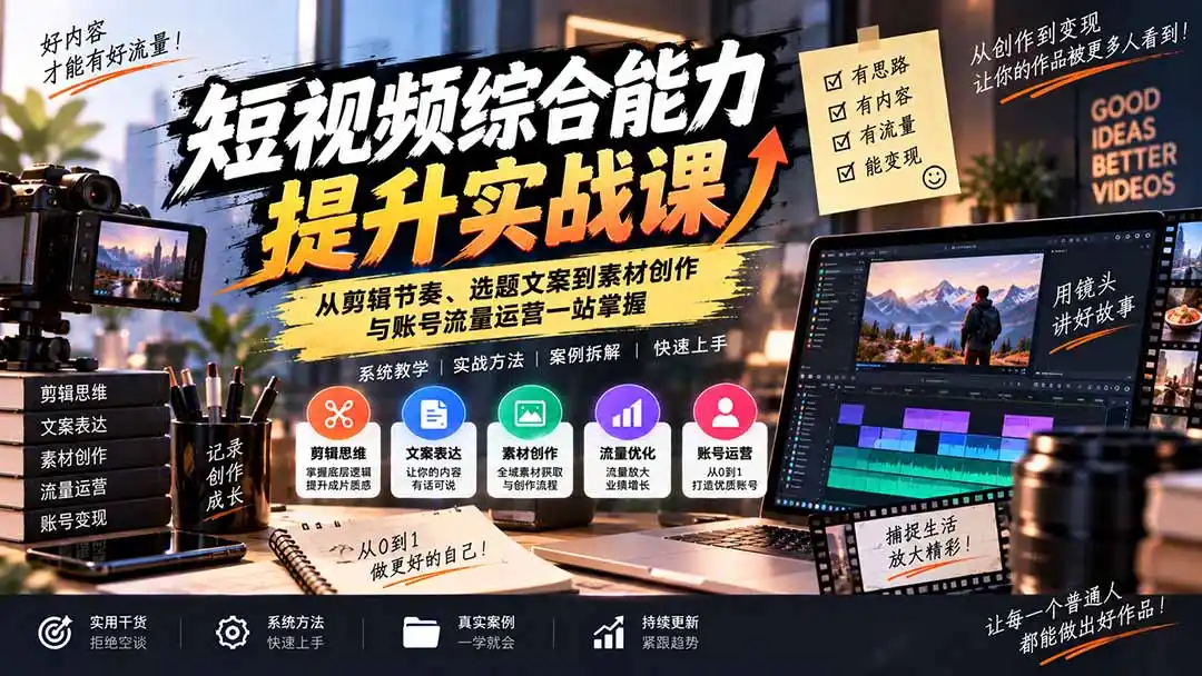 短视频综合能力提升实战课：从剪辑节奏、选题文案到素材创作与账号流量运营一站掌握-寒山客