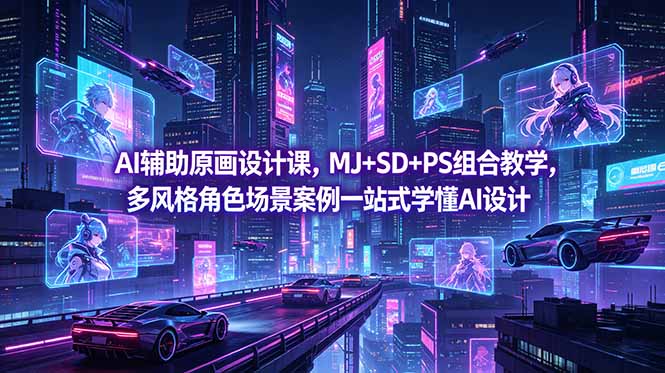 AI辅助原画设计课，MJ+SD+PS组合教学，多风格角色场景案例一站式学懂AI设计-寒山客