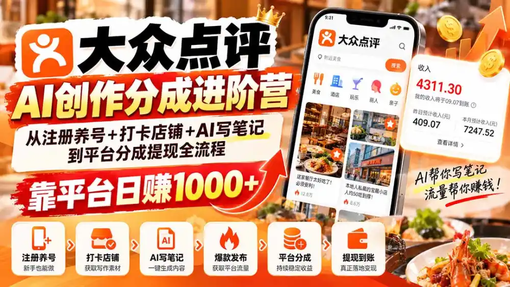 大众点评AI创作分成进阶营：从注册养号+打卡店铺+AI写笔记到平台分成提现全流程，靠平台日赚1000+-小创项目网