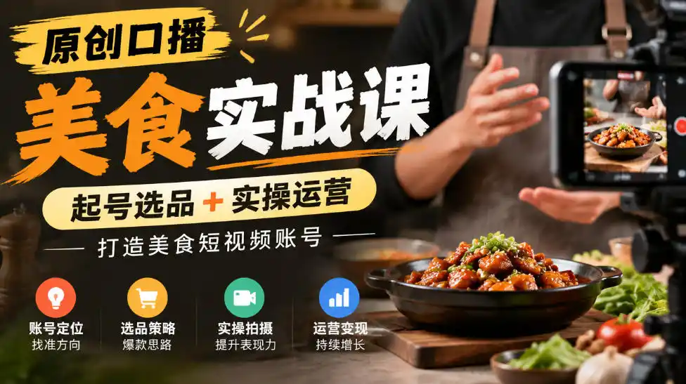 原创口播美食实战课，起号选品+实操运营，打造美食短视频账号-小创项目网