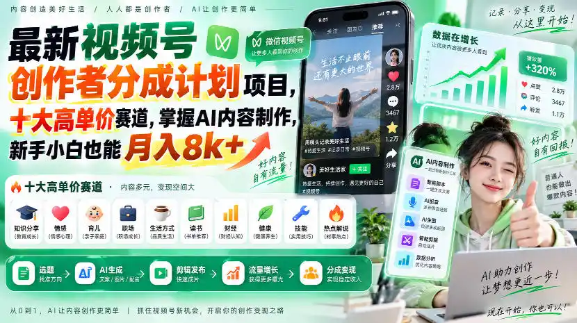 最新视频号创作者分成计划项目，十大高单价赛道，掌握AI内容制作，新手小白也能月入8k+-寒山客