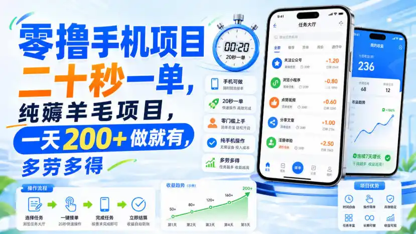 零撸手机项目,二十秒一单,纯薅羊毛项目,一天200+做就有,多劳多得【揭秘】-小创项目网
