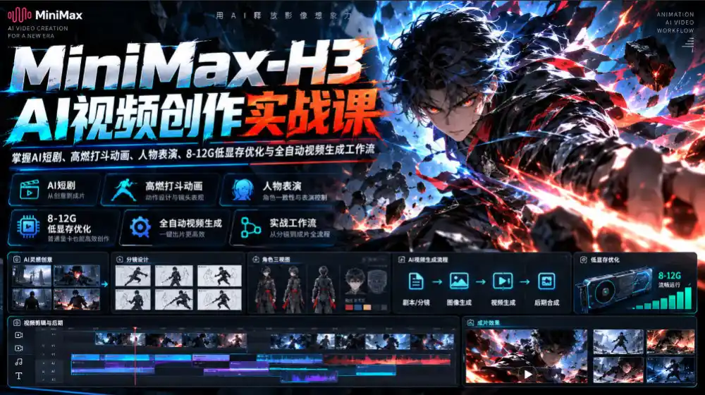 MiniMax-H3 AI视频创作实战课，掌握AI短剧、高燃打斗动画、人物表演、8-12G低显存优化与全自动视频生成工作流-小创项目网