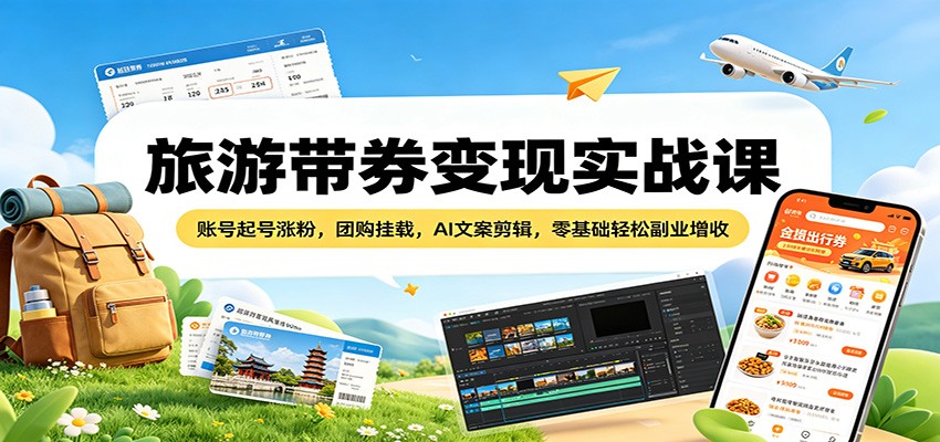 旅游带券变现实战课:账号起号涨粉,团购挂载,AI文案剪辑,零基础轻松副业增收-小创项目网
