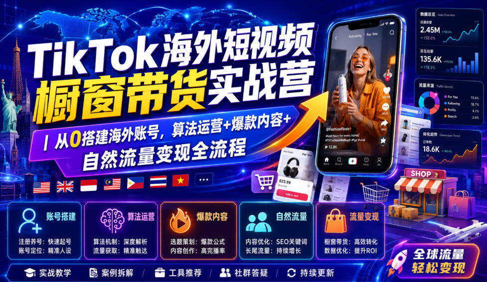 TikTok海外短视频橱窗带货实战营｜从0搭建海外账号，算法运营+爆款内容+自然流量变现全流程-小创项目网