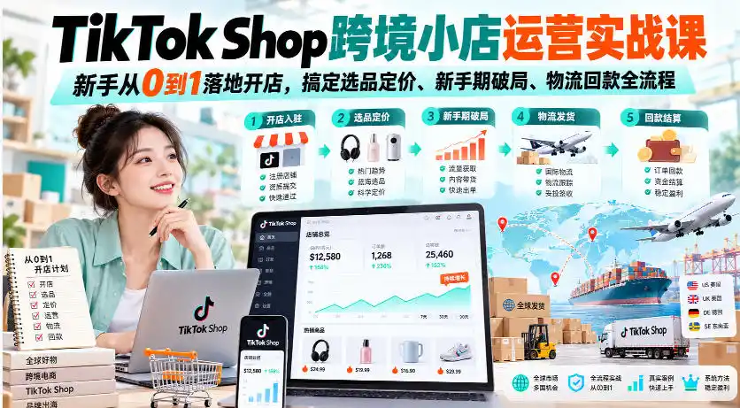 TikTok Shop跨境小店运营实战课，新手从0到1落地开店，搞定选品定价、新手期破局、物流回款全流程-寒山客