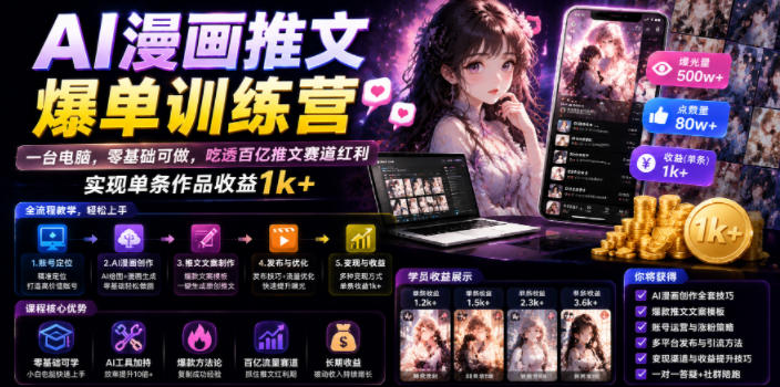 AI漫画推文爆单训练营，一台电脑，零基础可做，吃透百亿推文赛道红利，实现单条作品收益1k+-寒山客