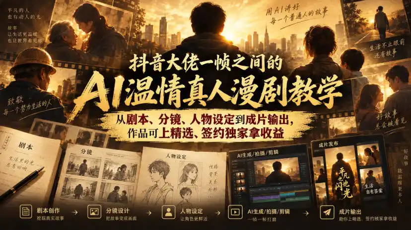 抖音大佬一帧之间的AI温情真人漫剧教学，从剧本、分镜、人物设定到成片输出，作品可上精选、签约独家拿收益-寒山客