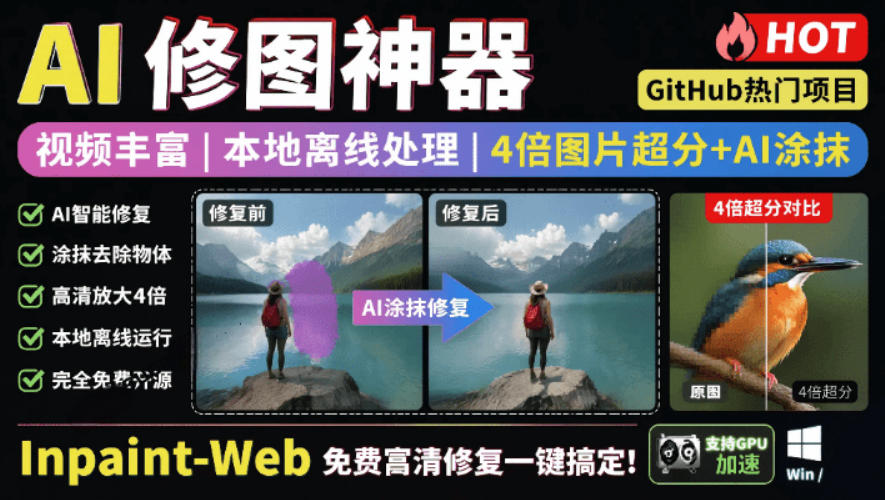 本地离线处理，4倍图片超分+AI涂抹去水印！Github上热门神器，免费高清修复图一键搞定！Inpaint-Web-寒山客